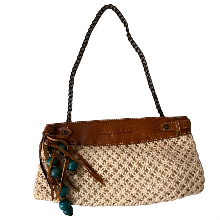 Tommy Bahama Leather & Beige Heavy Gauge Macram Clutch With Chain Strap